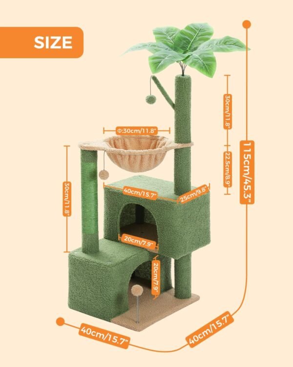 45-Inch Green Cat Tree with 2 Condos for Indoor Cats,Cat Tower with Scratching Posts for Small Cats,Cactus Cat Tree Tower with Hammock and Cat Toys - Image 3