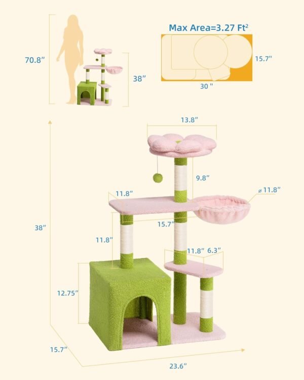 Flower Cat Tree for Indoor Cats, 2-Door Large Cat Condo Cave Bed for Big Adult Cats, 41.2'' Cute Cat Tower with Scratching Posts, Cozy Floral Perch and Hammock for Kittens, Green Pink - Image 4