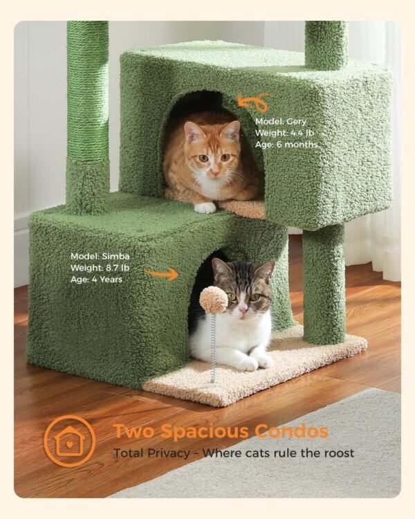 45-Inch Green Cat Tree with 2 Condos for Indoor Cats,Cat Tower with Scratching Posts for Small Cats,Cactus Cat Tree Tower with Hammock and Cat Toys - Image 4