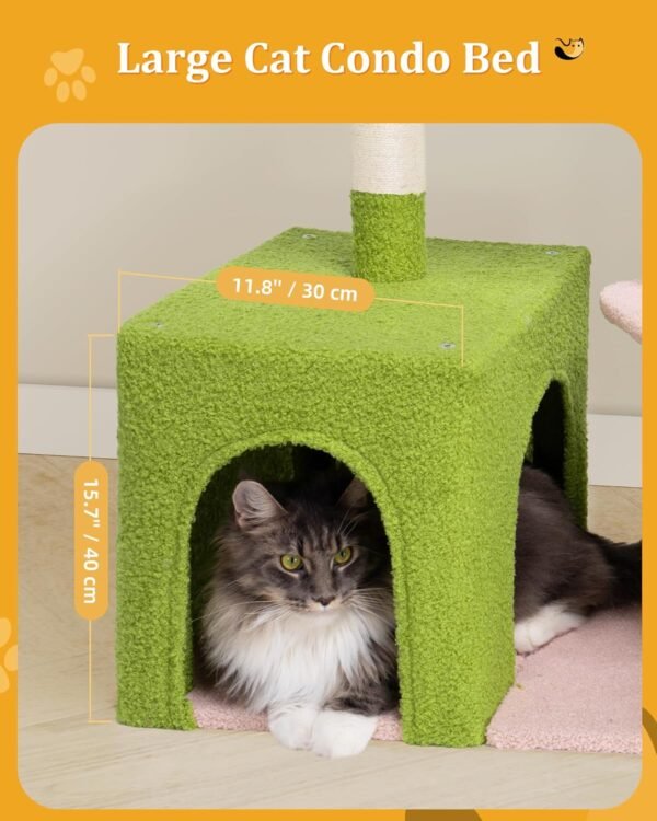 Flower Cat Tree for Indoor Cats, 2-Door Large Cat Condo Cave Bed for Big Adult Cats, 41.2'' Cute Cat Tower with Scratching Posts, Cozy Floral Perch and Hammock for Kittens, Green Pink - Image 3
