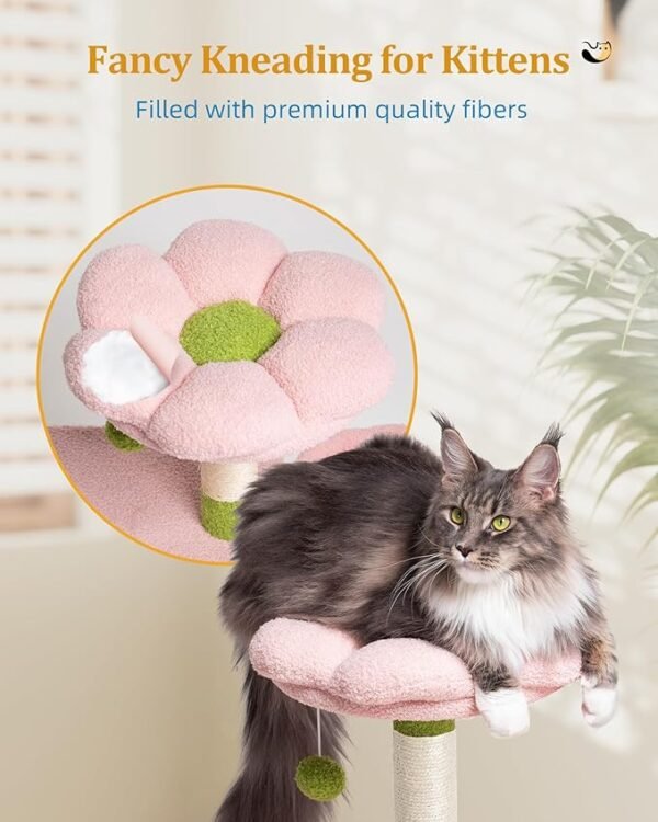 Flower Cat Tree for Indoor Cats, 2-Door Large Cat Condo Cave Bed for Big Adult Cats, 41.2'' Cute Cat Tower with Scratching Posts, Cozy Floral Perch and Hammock for Kittens, Green Pink - Image 2
