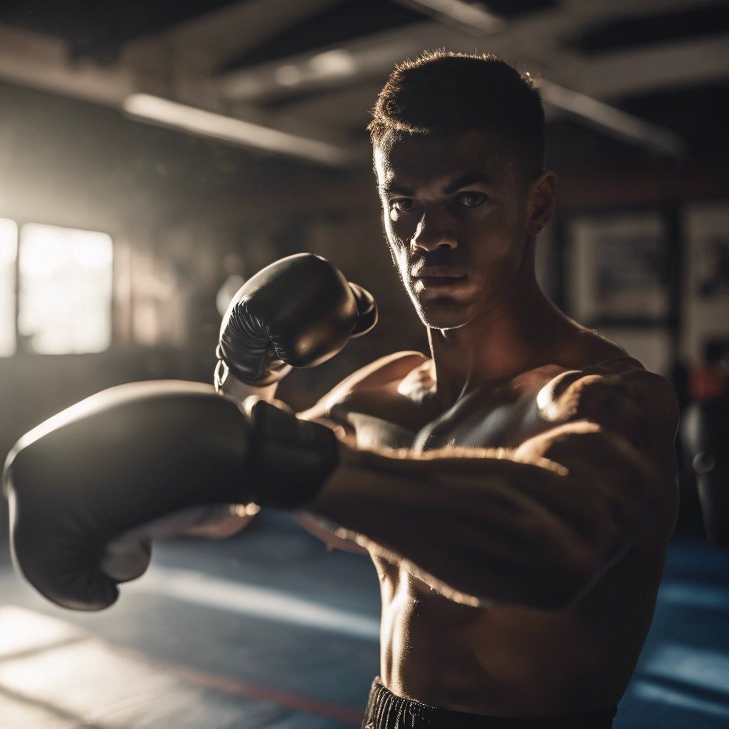 A cinematic image of a young boxer practicing at the gym with backlight.